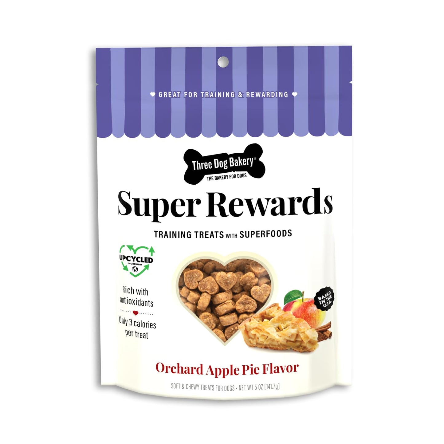 Three Dog Bakery Super Rewards with Superfoods Orchard Apple Pie Treats 8oz - Soft Dog Training Treats Dog & Puppy Treats Dog Chews Resealable Pouch