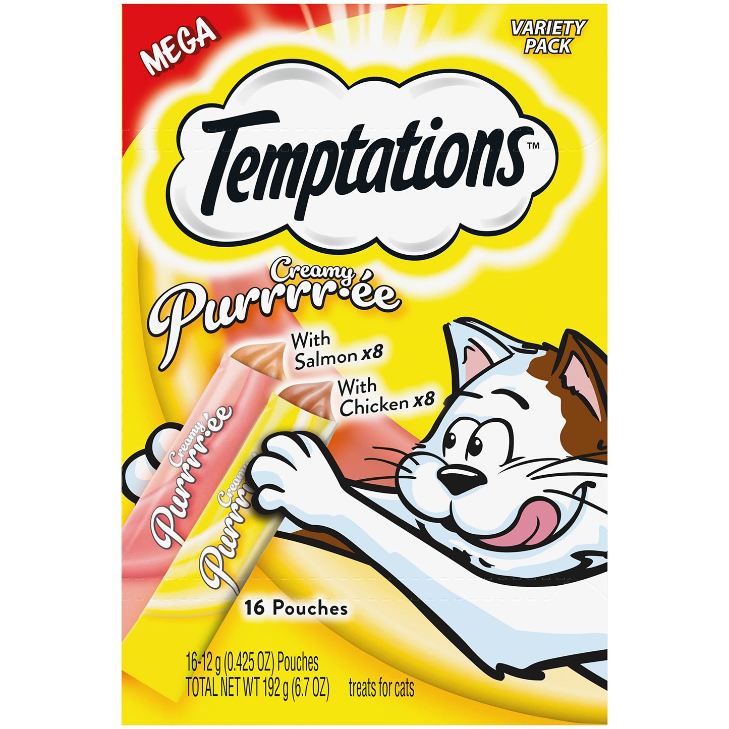 Temptations Creamy Puree with Chicken and Salmon Variety Pack of Lickable Squeezable Cat Treats 0.42 Oz Pouches 16 Count