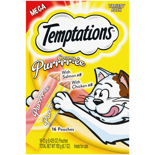 Temptations Creamy Puree with Chicken and Salmon Variety Pack of Lickable Squeezable Cat Treats 0.42 Oz Pouches 16 Count