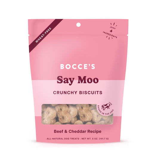Bocces Bakery Oven Baked Say Moo Treats for Dogs Everyday Wheat-Free Dog Treats Made with Real Ingredients Baked in The USA All-Natural Beef & Cheddar Biscuits 5 oz