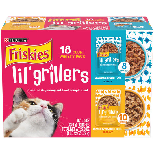 Purina Friskies Gravy Wet Cat Food Lickable Cat Treats Variety Pack Lil Grillers Seared Cuts With Chicken & Tuna - (Pack of 18) 1.55 oz. Pouches
